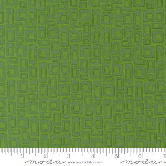 Image of Scenery Marshmallow Evergreen quilting cotton fabric by Elizabeth Hartman for Moda Fabrics. Features a geometric pattern on a green background. Cute Little Fabric Shop.