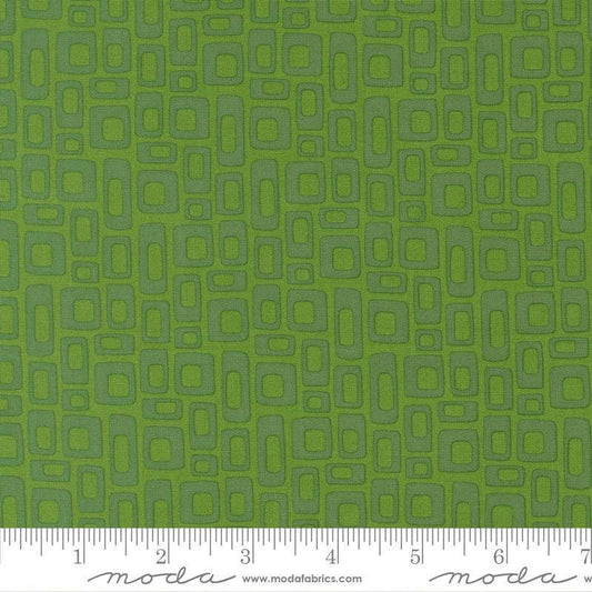 Image of Scenery Marshmallow Evergreen quilting cotton fabric by Elizabeth Hartman for Moda Fabrics. Features a geometric pattern on a green background. Cute Little Fabric Shop.