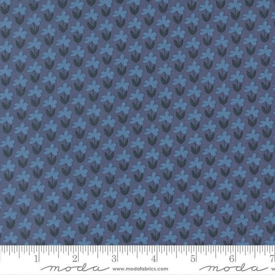 Image of Scenery Meadow Denim quilting cotton fabric by Elizabeth Hartman for Moda Fabrics. Features flowers on a blue background. Cute Little Fabric Shop.