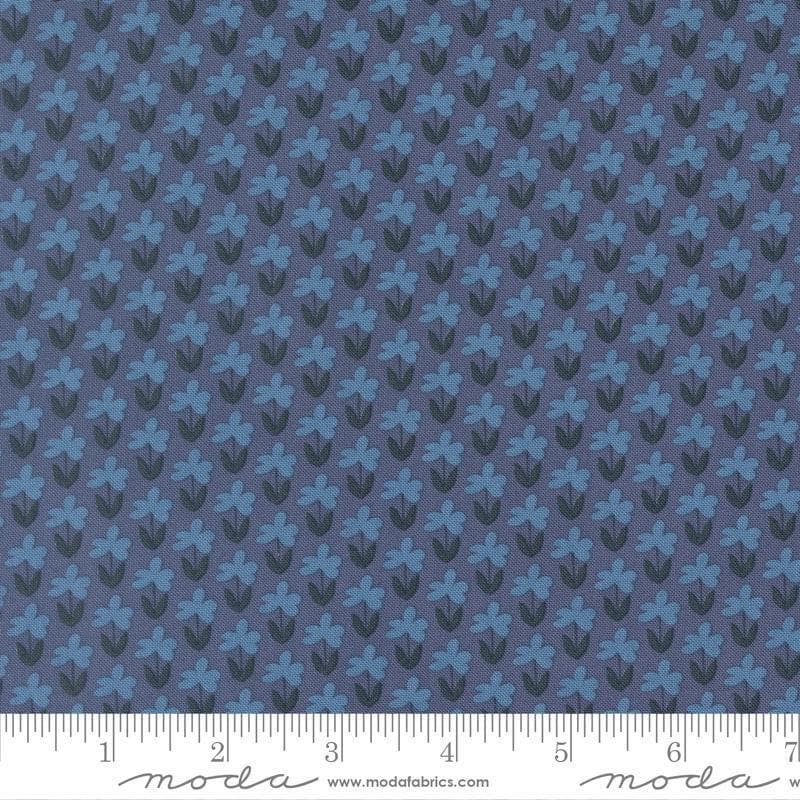 Image of Scenery Meadow Denim quilting cotton fabric by Elizabeth Hartman for Moda Fabrics. Features flowers on a blue background. Cute Little Fabric Shop.