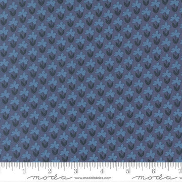 Image of Scenery Meadow Denim quilting cotton fabric by Elizabeth Hartman for Moda Fabrics. Features flowers on a blue background. Cute Little Fabric Shop.