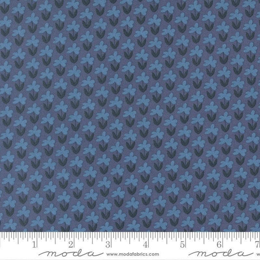 Image of Scenery Meadow Denim quilting cotton fabric by Elizabeth Hartman for Moda Fabrics. Features flowers on a blue background. Cute Little Fabric Shop.