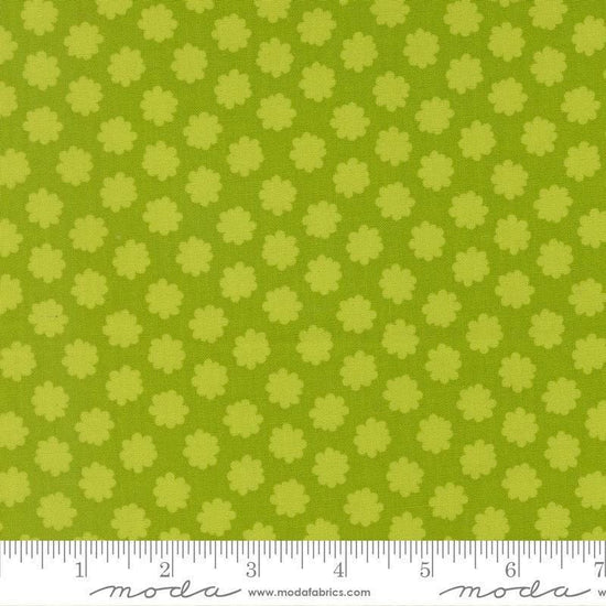 Image of Scenery Puffball Lime quilting cotton fabric by Elizabeth Hartman for Moda Fabrics. Features a geometric pattern on a green background. Cute Little Fabric Shop.