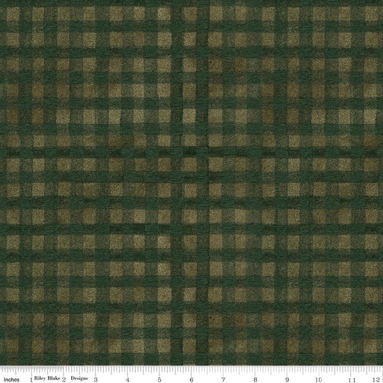 Image of Northern Christmas Buffalo Check Green quilting cotton fabric by Teresa Kogut for Riley Blake Designs. Features checks on a green and black background. Cute Little Fabric Shop.