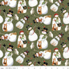 Image of Northern Christmas Snowmen Green quilting cotton fabric by Teresa Kogut for Riley Blake Designs. Features snowmen on a green background. Cute Little Fabric Shop.