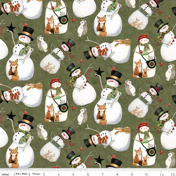 Image of Northern Christmas Snowmen Green quilting cotton fabric by Teresa Kogut for Riley Blake Designs. Features snowmen on a green background. Cute Little Fabric Shop.