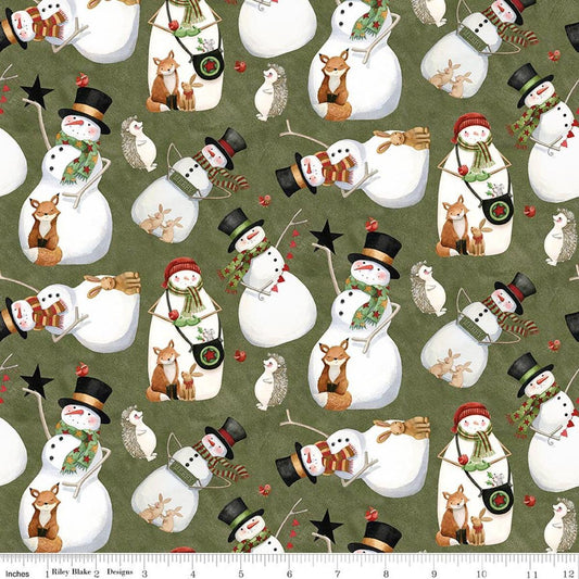 Image of Northern Christmas Snowmen Green quilting cotton fabric by Teresa Kogut for Riley Blake Designs. Features snowmen on a green background. Cute Little Fabric Shop.