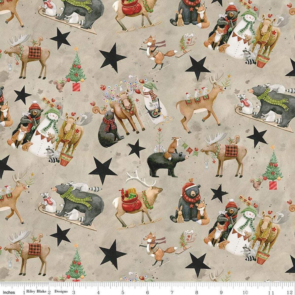 Image of Northern Christmas Main Neutral quilting cotton fabric by Teresa Kogut for Riley Blake Designs. Features christmas animals on a gray background. Cute Little Fabric Shop.