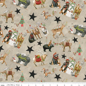 Image of Northern Christmas Main Neutral quilting cotton fabric by Teresa Kogut for Riley Blake Designs. Features christmas animals on a gray background. Cute Little Fabric Shop.