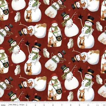 Image of Northern Christmas Snowmen Red quilting cotton fabric by Teresa Kogut for Riley Blake Designs. Features snowmen on a red background. Cute Little Fabric Shop.