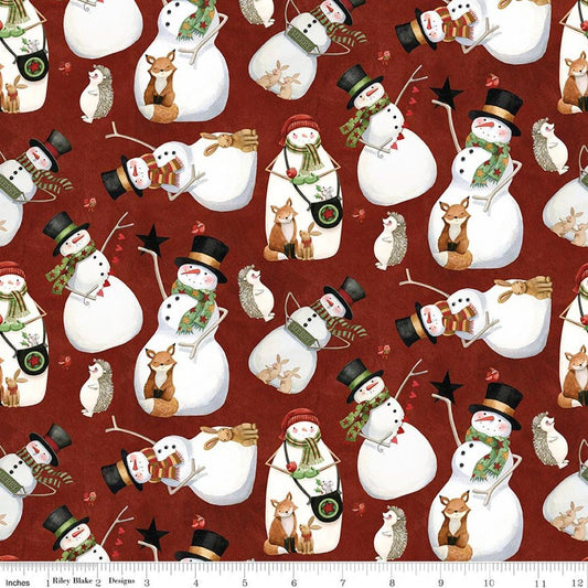 Image of Northern Christmas Snowmen Red quilting cotton fabric by Teresa Kogut for Riley Blake Designs. Features snowmen on a red background. Cute Little Fabric Shop.