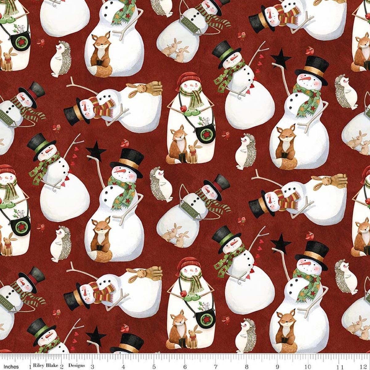 Image of Northern Christmas Snowmen Red quilting cotton fabric by Teresa Kogut for Riley Blake Designs. Features snowmen on a red background. Cute Little Fabric Shop.