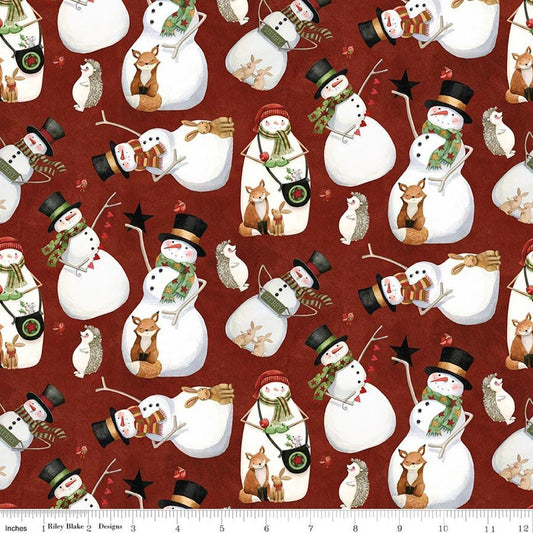 Image of Northern Christmas Snowmen Red quilting cotton fabric by Teresa Kogut for Riley Blake Designs. Features snowmen on a red background. Cute Little Fabric Shop.