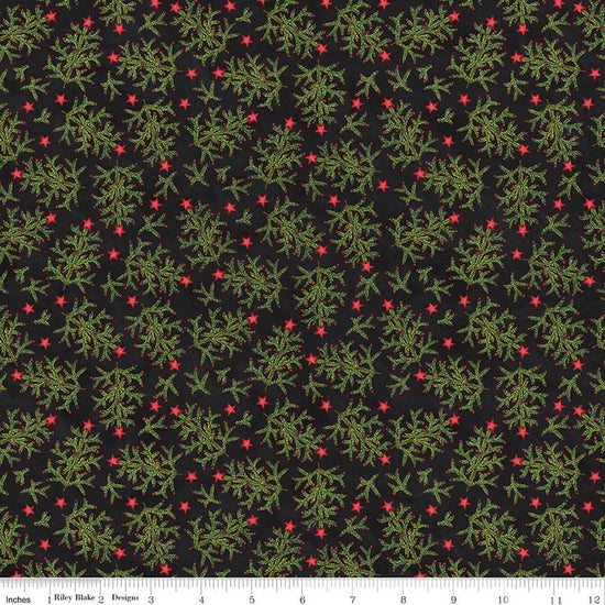 Image of Northern Christmas Whimsical Trees Black quilting cotton fabric by Teresa Kogut for Riley Blake Designs. Features leaves on a black background. Cute Little Fabric Shop.