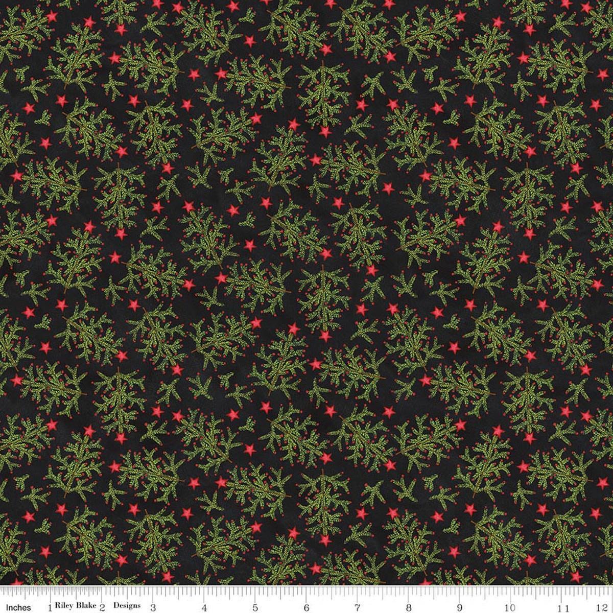 Image of Northern Christmas Whimsical Trees Black quilting cotton fabric by Teresa Kogut for Riley Blake Designs. Features leaves on a black background. Cute Little Fabric Shop.
