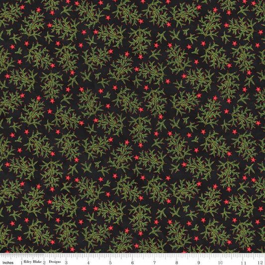 Image of Northern Christmas Whimsical Trees Black quilting cotton fabric by Teresa Kogut for Riley Blake Designs. Features leaves on a black background. Cute Little Fabric Shop.