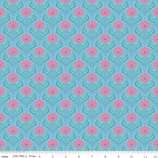 Image of Kipling Gardens Fairweather Blue quilting cotton fabric by Lily Ashbury for Riley Blake Designs. Features flowers on a blue background. Cute Little Fabric Shop.