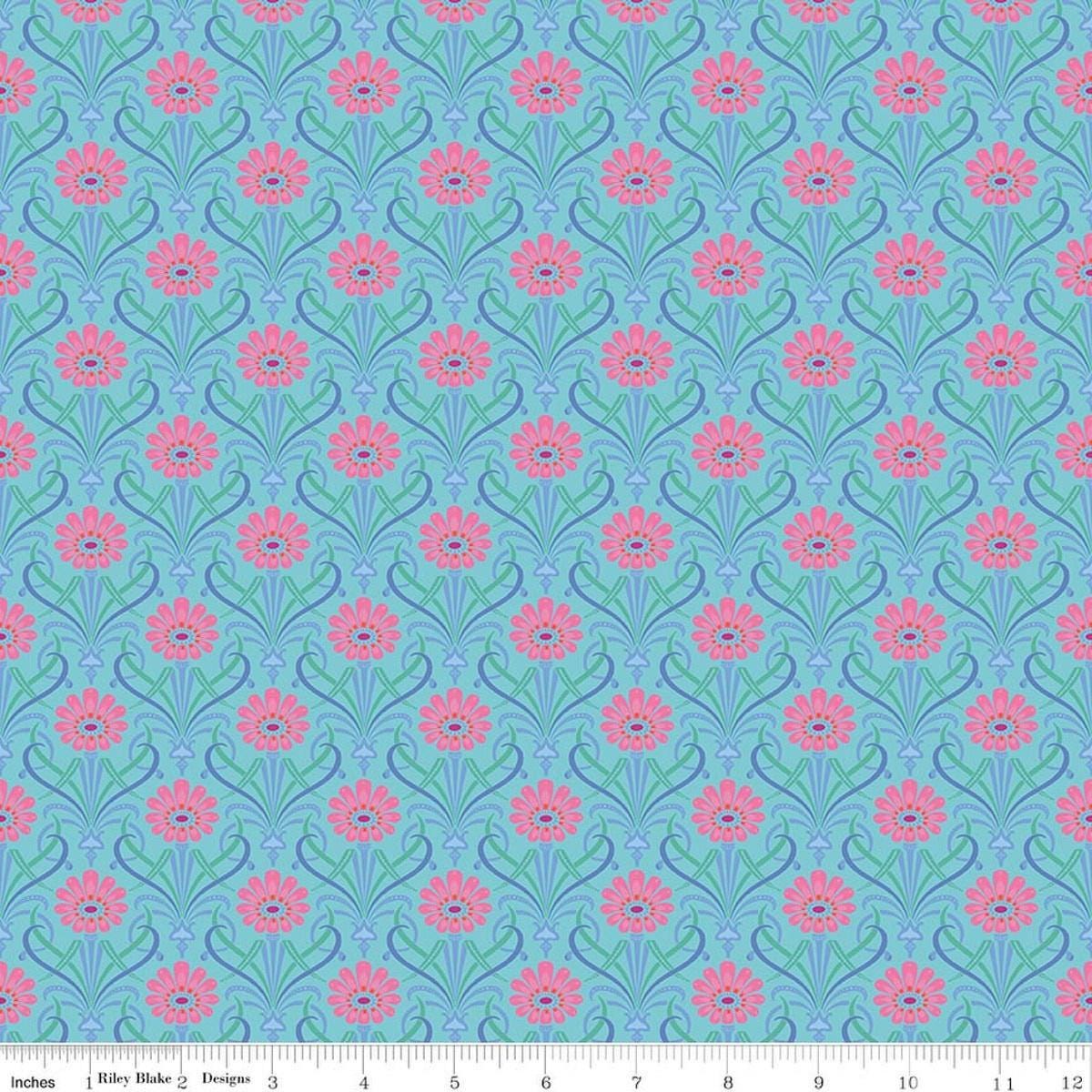 Image of Kipling Gardens Fairweather Blue quilting cotton fabric by Lily Ashbury for Riley Blake Designs. Features flowers on a blue background. Cute Little Fabric Shop.