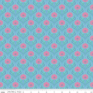 Image of Kipling Gardens Fairweather Blue quilting cotton fabric by Lily Ashbury for Riley Blake Designs. Features flowers on a blue background. Cute Little Fabric Shop.