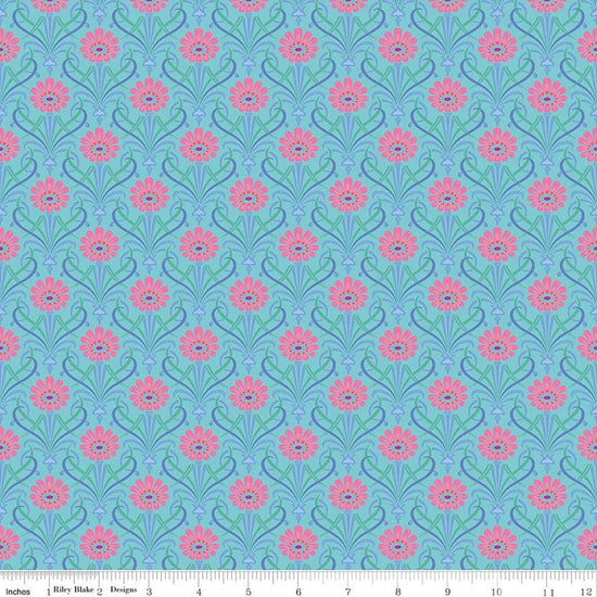 Image of Kipling Gardens Fairweather Blue quilting cotton fabric by Lily Ashbury for Riley Blake Designs. Features flowers on a blue background. Cute Little Fabric Shop.