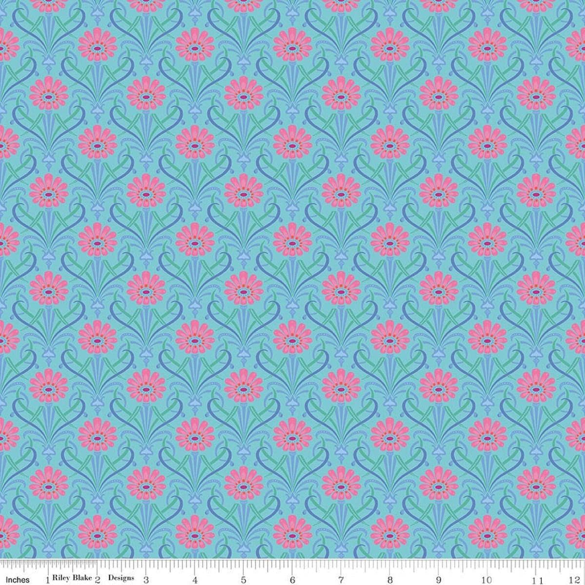 Image of Kipling Gardens Fairweather Blue quilting cotton fabric by Lily Ashbury for Riley Blake Designs. Features flowers on a blue background. Cute Little Fabric Shop.