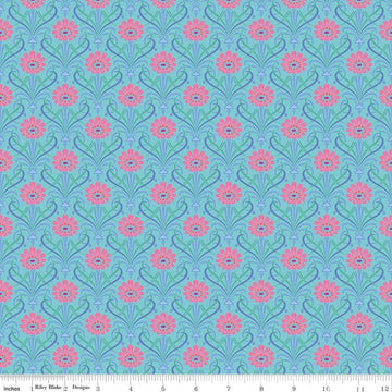 Image of Kipling Gardens Fairweather Blue quilting cotton fabric by Lily Ashbury for Riley Blake Designs. Features flowers on a blue background. Cute Little Fabric Shop.