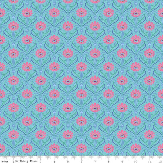 Image of Kipling Gardens Fairweather Blue quilting cotton fabric by Lily Ashbury for Riley Blake Designs. Features flowers on a blue background. Cute Little Fabric Shop.