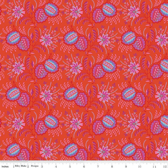 Image of Kipling Gardens Pemberly Sunset quilting cotton fabric by Lily Ashbury for Riley Blake Designs. Features flowers on a red background. Cute Little Fabric Shop.
