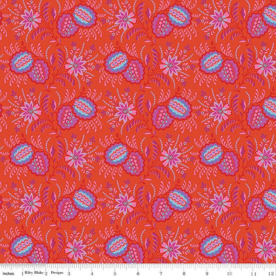 Image of Kipling Gardens Pemberly Sunset quilting cotton fabric by Lily Ashbury for Riley Blake Designs. Features flowers on a red background. Cute Little Fabric Shop.