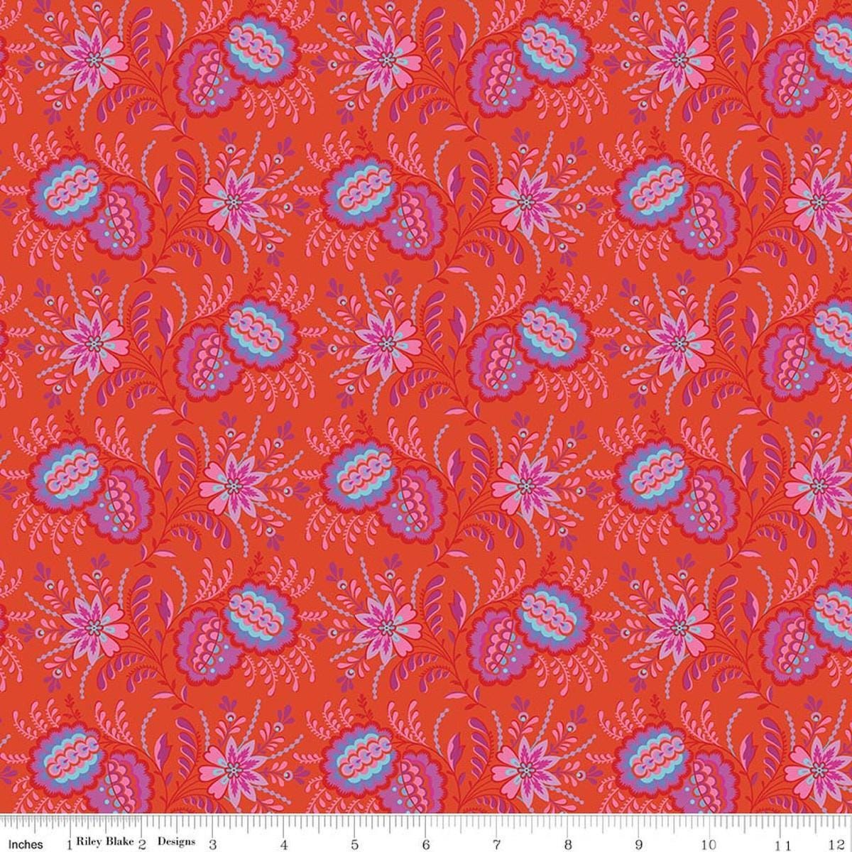 Image of Kipling Gardens Pemberly Sunset quilting cotton fabric by Lily Ashbury for Riley Blake Designs. Features flowers on a red background. Cute Little Fabric Shop.