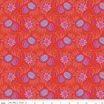 Image of Kipling Gardens Pemberly Sunset quilting cotton fabric by Lily Ashbury for Riley Blake Designs. Features flowers on a red background. Cute Little Fabric Shop.
