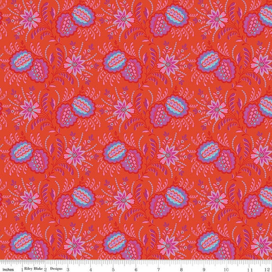 Image of Kipling Gardens Pemberly Sunset quilting cotton fabric by Lily Ashbury for Riley Blake Designs. Features flowers on a red background. Cute Little Fabric Shop.