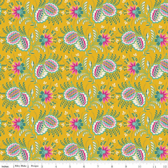 Image of Kipling Gardens Pemberly Mustard quilting cotton fabric by Lily Ashbury for Riley Blake Designs. Features flowers on a yellow background. Cute Little Fabric Shop.