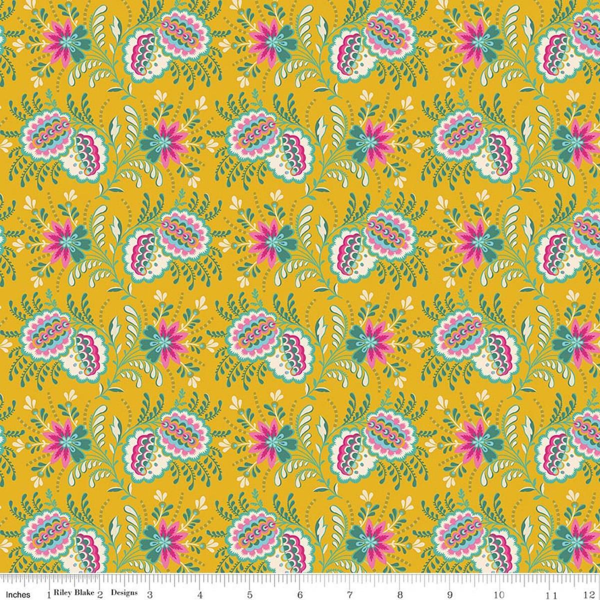 Image of Kipling Gardens Pemberly Mustard quilting cotton fabric by Lily Ashbury for Riley Blake Designs. Features flowers on a yellow background. Cute Little Fabric Shop.