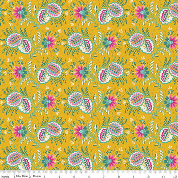Image of Kipling Gardens Pemberly Mustard quilting cotton fabric by Lily Ashbury for Riley Blake Designs. Features flowers on a yellow background. Cute Little Fabric Shop.