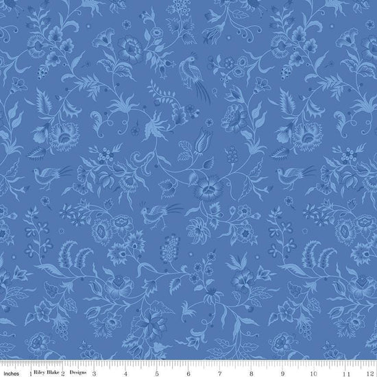 Image of Kipling Gardens Haviland Blueberry quilting cotton fabric by Lily Ashbury for Riley Blake Designs. Features flowers on a blue background. Cute Little Fabric Shop.