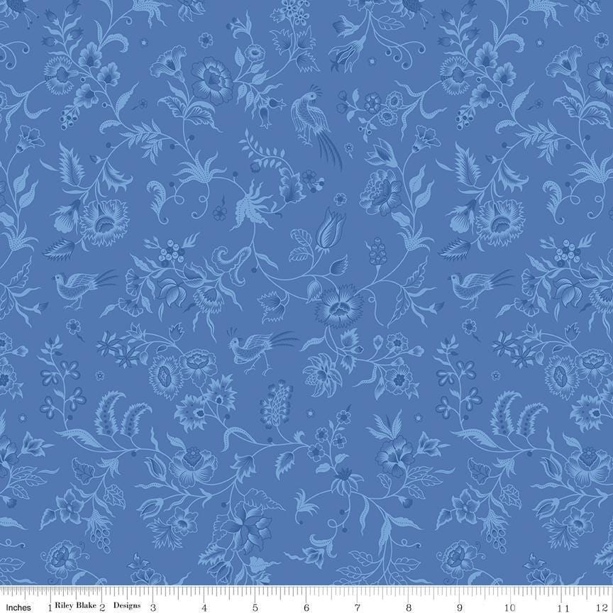 Image of Kipling Gardens Haviland Blueberry quilting cotton fabric by Lily Ashbury for Riley Blake Designs. Features flowers on a blue background. Cute Little Fabric Shop.
