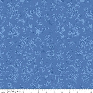 Image of Kipling Gardens Haviland Blueberry quilting cotton fabric by Lily Ashbury for Riley Blake Designs. Features flowers on a blue background. Cute Little Fabric Shop.