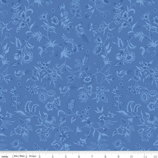 Image of Kipling Gardens Haviland Blueberry quilting cotton fabric by Lily Ashbury for Riley Blake Designs. Features flowers on a blue background. Cute Little Fabric Shop.