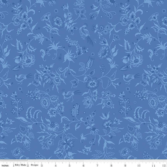 Image of Kipling Gardens Haviland Blueberry quilting cotton fabric by Lily Ashbury for Riley Blake Designs. Features flowers on a blue background. Cute Little Fabric Shop.