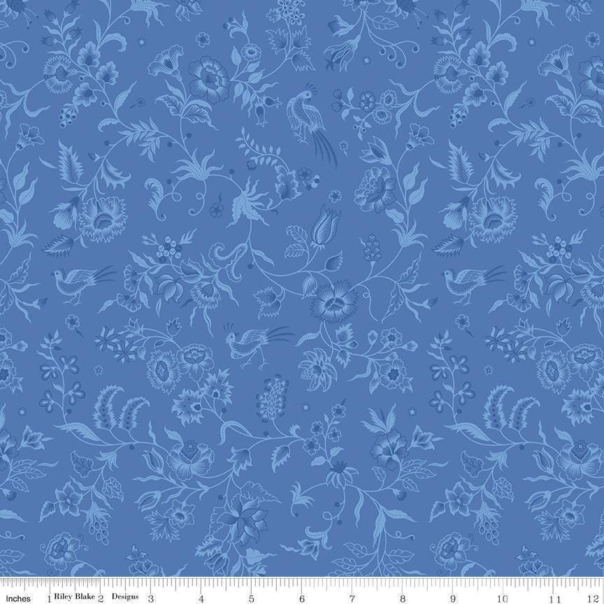 Image of Kipling Gardens Haviland Blueberry quilting cotton fabric by Lily Ashbury for Riley Blake Designs. Features flowers on a blue background. Cute Little Fabric Shop.