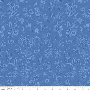 Image of Kipling Gardens Haviland Blueberry quilting cotton fabric by Lily Ashbury for Riley Blake Designs. Features flowers on a blue background. Cute Little Fabric Shop.