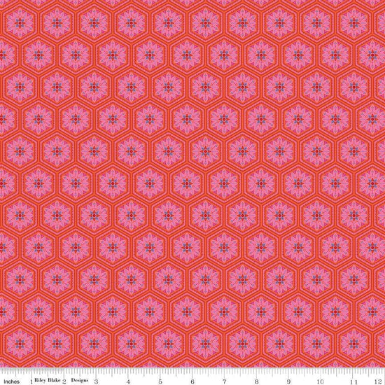 Image of Kipling Gardens Everly Sunset quilting cotton fabric by Lily Ashbury for Riley Blake Designs. Features flowers on a red background. Cute Little Fabric Shop.