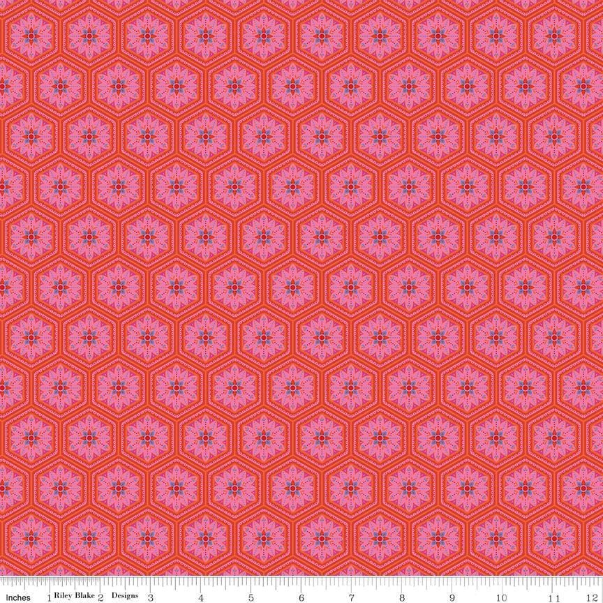 Image of Kipling Gardens Everly Sunset quilting cotton fabric by Lily Ashbury for Riley Blake Designs. Features flowers on a red background. Cute Little Fabric Shop.