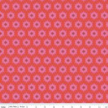 Image of Kipling Gardens Everly Sunset quilting cotton fabric by Lily Ashbury for Riley Blake Designs. Features flowers on a red background. Cute Little Fabric Shop.