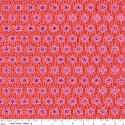 Image of Kipling Gardens Everly Sunset quilting cotton fabric by Lily Ashbury for Riley Blake Designs. Features flowers on a red background. Cute Little Fabric Shop.