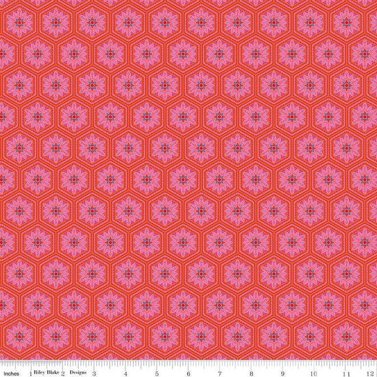Image of Kipling Gardens Everly Sunset quilting cotton fabric by Lily Ashbury for Riley Blake Designs. Features flowers on a red background. Cute Little Fabric Shop.