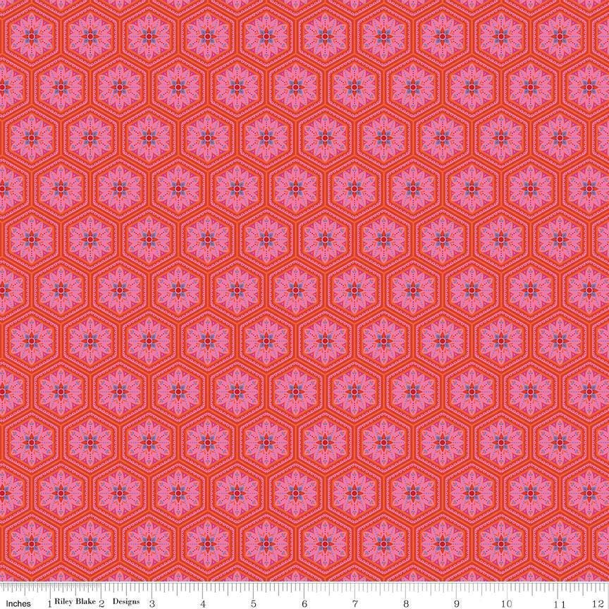 Image of Kipling Gardens Everly Sunset quilting cotton fabric by Lily Ashbury for Riley Blake Designs. Features flowers on a red background. Cute Little Fabric Shop.