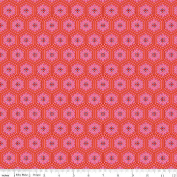 Image of Kipling Gardens Everly Sunset quilting cotton fabric by Lily Ashbury for Riley Blake Designs. Features flowers on a red background. Cute Little Fabric Shop.