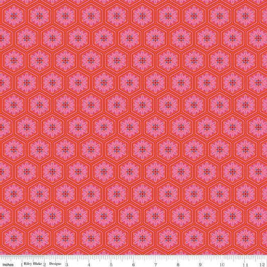 Image of Kipling Gardens Everly Sunset quilting cotton fabric by Lily Ashbury for Riley Blake Designs. Features flowers on a red background. Cute Little Fabric Shop.